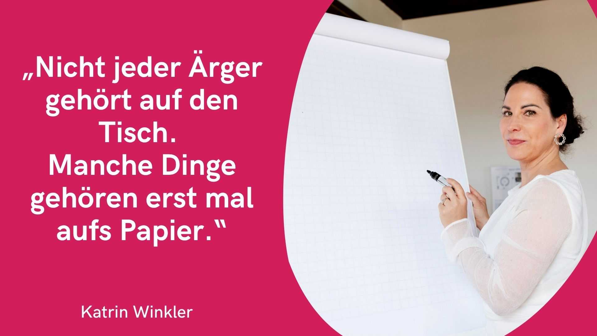 Rechts ein Bild von Prof Dr Katrin Winkler vor einem Whiteboard, link ein Zitat zum Thema Ärger aufschreiben: "Nicht jeder Ärger gehört auf den Tisch. Manche Dinge gehören erst mal aufs Papier"