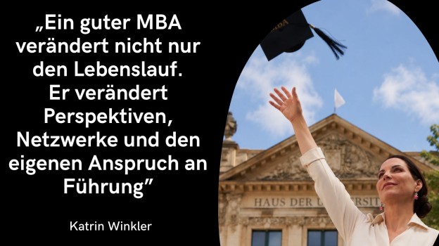 Die linke Hälfte besteht aus einem dunkelvioletten Hintergrund, auf dem in weißer Schrift das Zitat steht: „Wenn du unzufrieden bist, ändere es. Ein MBA ist der Schlüssel zu neuen beruflichen Wegen“. Am unteren linken Rand ist der Name Katrin Winkler eingefügt. Auf der rechten Seite sieht man Katrin Winkler. Sie trägt einen schwarzen Absolventenhut, an dessen schwarzer Quaste ein kleiner goldener „MBA“-Anhänger glänzt. Sie hat die Arme selbstbewusst in der Luft und wirft den Absolventenhut hoch.