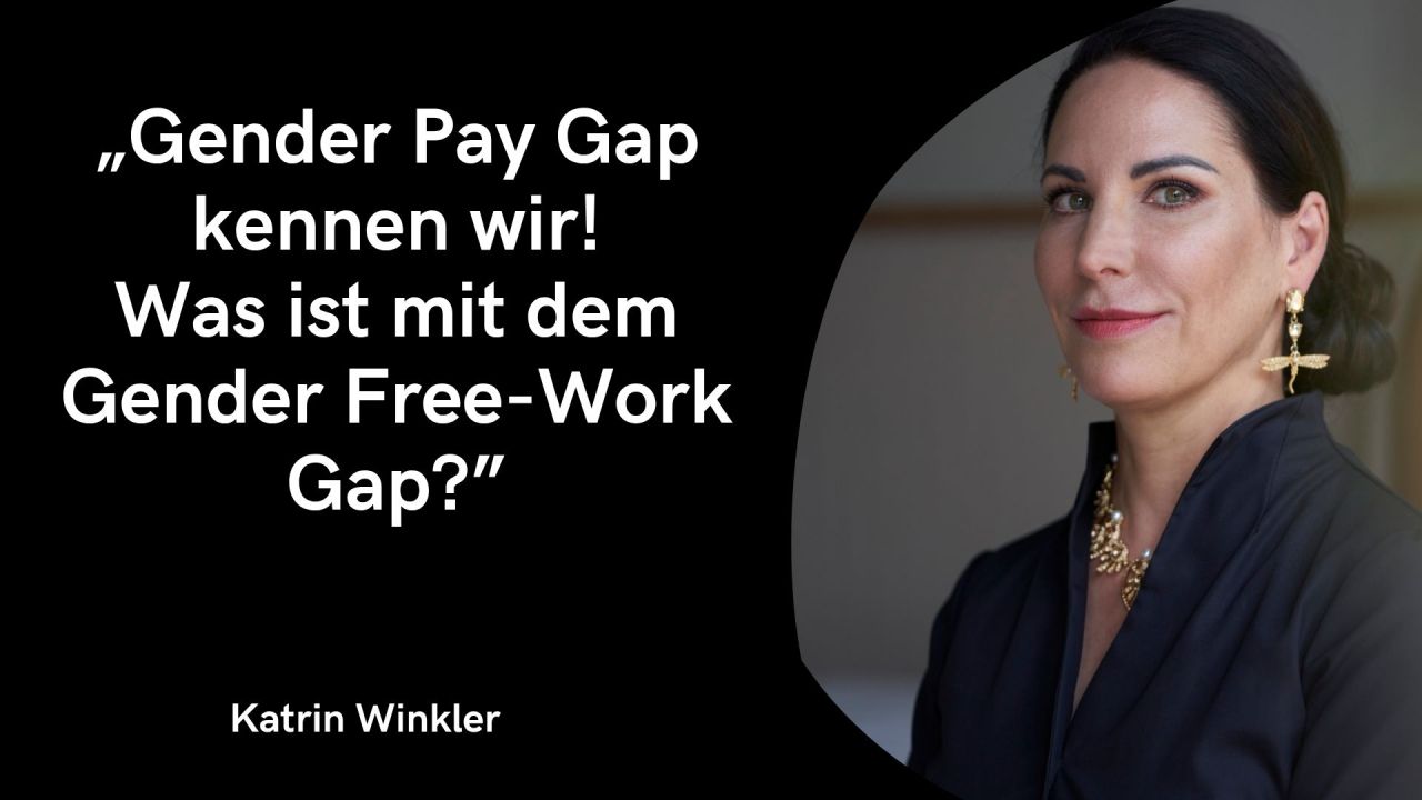 Auf der linken Seite befindet sich eine schwarze Fläche mit folgendem Zitat in großer, weißer Schrift: „Gender Pay Gap kennen wir!Was ist mit dem Gender Free-Work Gap?“Unten links steht in etwas kleinerer, weißer Schrift der Name Katrin Winkler. Die rechte Seite zeigt in einem abgerundeten, geschwungenen Ausschnitt ein Nahaufnahmen-Porträtfoto: Es zeigt Katrin Winkler von der Brust aufwärts. Sie blickt mit einem ruhigen, fokussierten und leicht lächelnden Ausdruck in die Kamera. Sie trägt ein elegantes, dunkles (dunkelblaues oder schwarzes) Oberteil mit Kragen sowie auffälligen Goldschmuck – darunter goldene Ohrringe in Form von Libellen und eine passende goldene Halskette. Der Hintergrund ist schlicht und in ruhigen, neutralen Tönen gehalten.