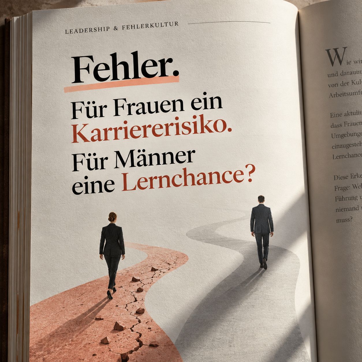 Das Bild zeigt die deutsche Version des visuellen Buch-Konzepts zu „Leadership & Fehlerkultur“: Im oberen Bereich steht die prägnante Headline: „Fehler. Für Frauen ein Karriererisiko. Für Männer eine Lernchance?“ Darunter teilt sich die visuelle Szene in zwei gegensätzliche Karrierepfade: Links: Eine Frau im dunklen Business-Anzug geht auf einem rötlichen, brüchigen und mit Geröll übersäten Pfad. Die risse- und hindernisreiche Oberfläche symbolisiert das erhöhte Stigmatisierungspotenzial und Karriererisiko, mit dem Frauen bei Fehltritten im Berufsleben häufig konfrontiert sind. Rechts: Ein Mann im Anzug bewegt sich auf einem ebenen, glatten und hindernisfreien Weg voran. Dies verbildlicht den gesellschaftlichen Spielraum und die Nachsicht, die Männern oft zugestanden werden, um Fehler als konstruktive Erfahrung zu verbuchen. Auf der rechten Buchseite ist begleitender Fließtext angedeutet, der die Debatte um ungleiche Leistungsbewertung, Gender Bias und den Wandel hin zu einer fairen Fehlerkultur vertieft.